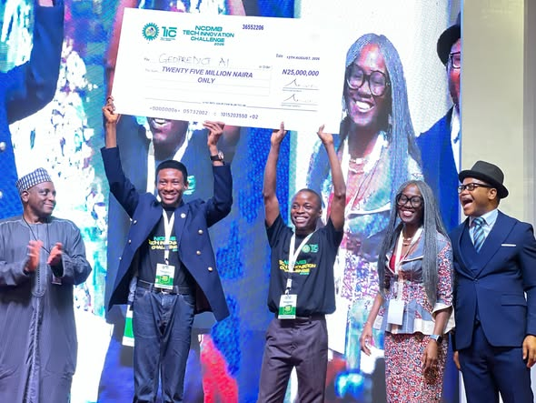 Saviour Henry and the GeoPredict AI team receiving the NCDMB award